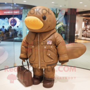 Brown Whale mascot costume character dressed with a Bomber Jacket and Handbags