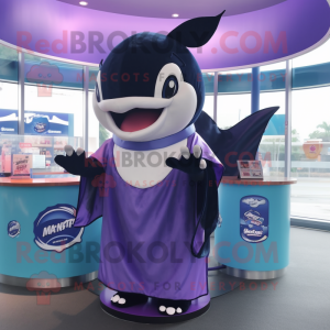 Purple Killer Whale mascot costume character dressed with a Wrap Skirt and Keychains