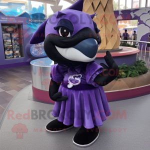 Purple Killer Whale mascot costume character dressed with a Wrap Skirt and Keychains