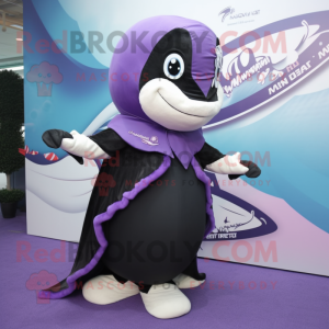Purple Killer Whale mascot costume character dressed with a Wrap Skirt and Keychains