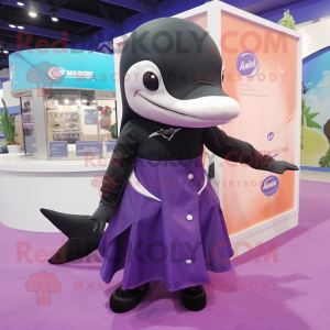 Purple Killer Whale mascot costume character dressed with a Wrap Skirt and Keychains