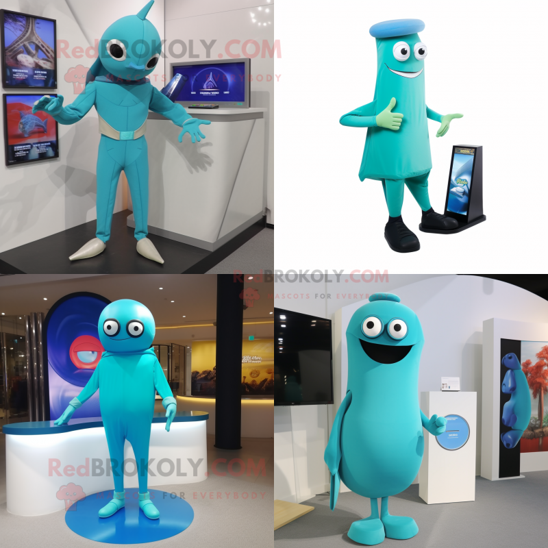 Cyan Ray mascot costume character dressed with a Turtleneck and Shoe clips Cyan Ray mascot costume character dressed with a Turtleneck and Shoe clips