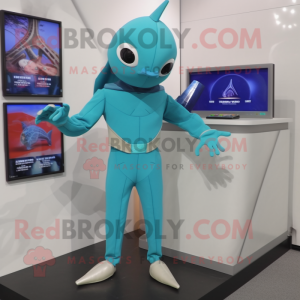 Cyan Ray mascot costume character dressed with a Turtleneck and Shoe clips