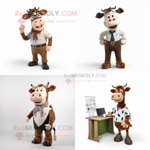 Brown Holstein Cow mascot costume character dressed with a Oxford Shirt and Hair clips