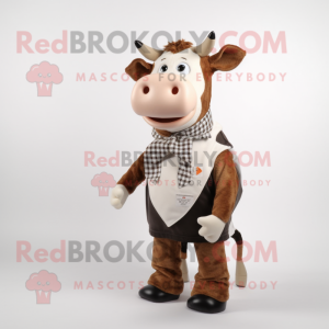 Brown Holstein Cow mascot costume character dressed with a Oxford Shirt and Hair clips