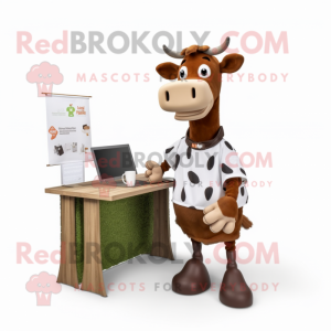 Brown Holstein Cow mascot costume character dressed with a Oxford Shirt and Hair clips