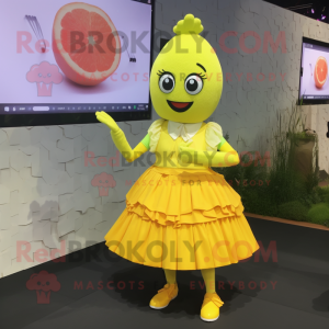 Lemon Yellow Paella mascot costume character dressed with a Pleated Skirt and Digital watches