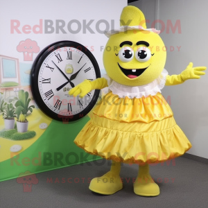 Lemon Yellow Paella mascot costume character dressed with a Pleated Skirt and Digital watches