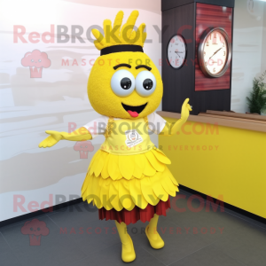 Lemon Yellow Paella mascot costume character dressed with a Pleated Skirt and Digital watches