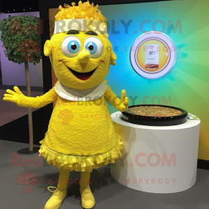 Lemon Yellow Paella mascot costume character dressed with a Pleated Skirt and Digital watches