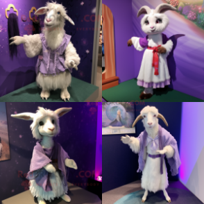 Lavender Angora Goat mascot costume character dressed with a Mini Skirt and Shawl pins