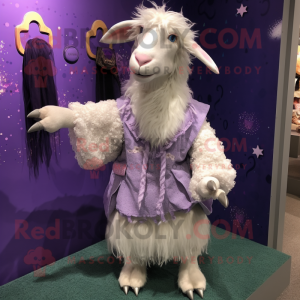 Lavender Angora Goat mascot costume character dressed with a Mini Skirt and Shawl pins