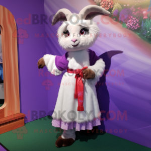 Lavender Angora Goat mascot costume character dressed with a Mini Skirt and Shawl pins