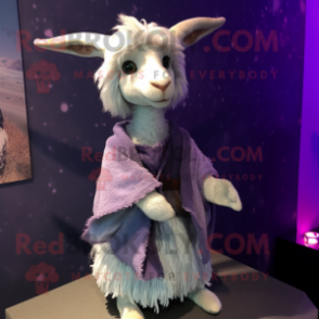 Lavender Angora Goat mascot costume character dressed with a Mini Skirt and Shawl pins