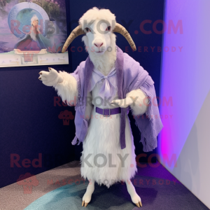 Lavender Angora Goat mascot costume character dressed with a Mini Skirt and Shawl pins