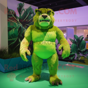 Lime Green Smilodon mascot costume character dressed with a Swimwear and Suspenders