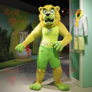 Lime Green Smilodon mascot costume character dressed with a Swimwear and Suspenders