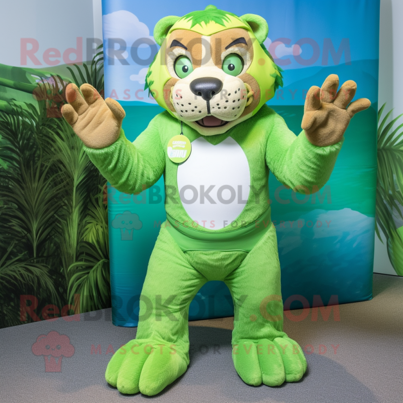 Lime Green Smilodon mascot costume character dressed with a Swimwear and Suspenders