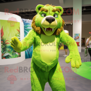 Lime Green Smilodon mascot costume character dressed with a Swimwear and Suspenders