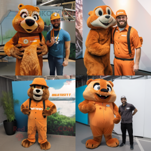 Rust Marmot mascot costume character dressed with a Jumpsuit and Watches