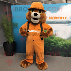 Rust Marmot mascot costume character dressed with a Jumpsuit and Watches