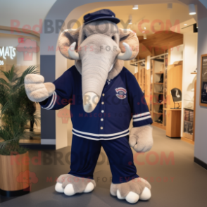 Navy Mammoth mascot costume character dressed with a Shorts and Pocket squares