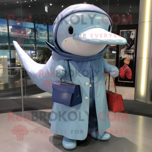 Silver Blue Whale mascot costume character dressed with a Raincoat and Pocket squares