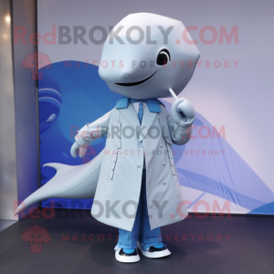 Silver Blue Whale mascot costume character dressed with a Raincoat and Pocket squares