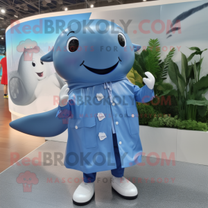 Silver Blue Whale mascot costume character dressed with a Raincoat and Pocket squares