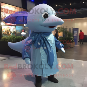 Silver Blue Whale mascot costume character dressed with a Raincoat and Pocket squares