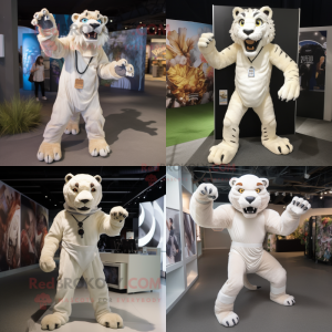White Smilodon mascot costume character dressed with a Playsuit and Suspenders
