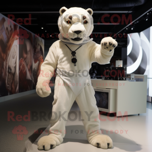 White Smilodon mascot costume character dressed with a Playsuit and Suspenders