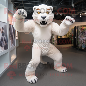 White Smilodon mascot costume character dressed with a Playsuit and Suspenders