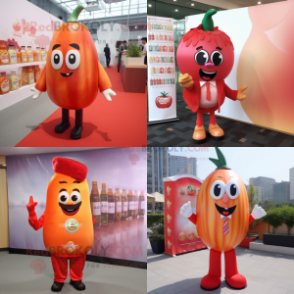 Peach Bottle Of Ketchup mascot costume character dressed with a Suit Pants and Hair clips