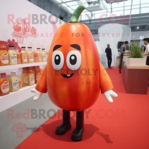 Peach Bottle Of Ketchup mascot costume character dressed with a Suit Pants and Hair clips