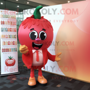 Peach Bottle Of Ketchup mascot costume character dressed with a Suit Pants and Hair clips