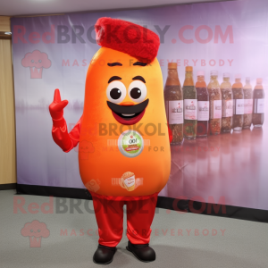 Peach Bottle Of Ketchup mascot costume character dressed with a Suit Pants and Hair clips