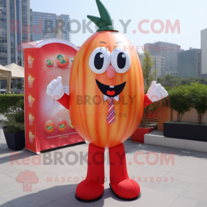 Peach Bottle Of Ketchup mascot costume character dressed with a Suit Pants and Hair clips