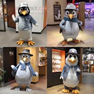 Gray Penguin mascot costume character dressed with a Jeans and Hat pins