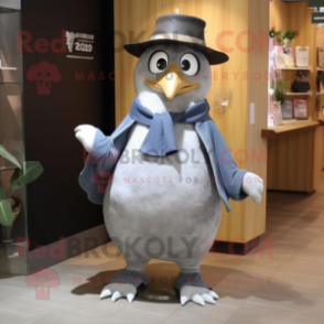 Gray Penguin mascot costume character dressed with a Jeans and Hat pins