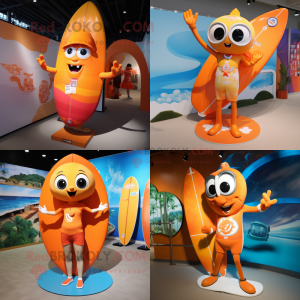 Orange Surfboard mascot costume character dressed with a One-Piece Swimsuit and Keychains
