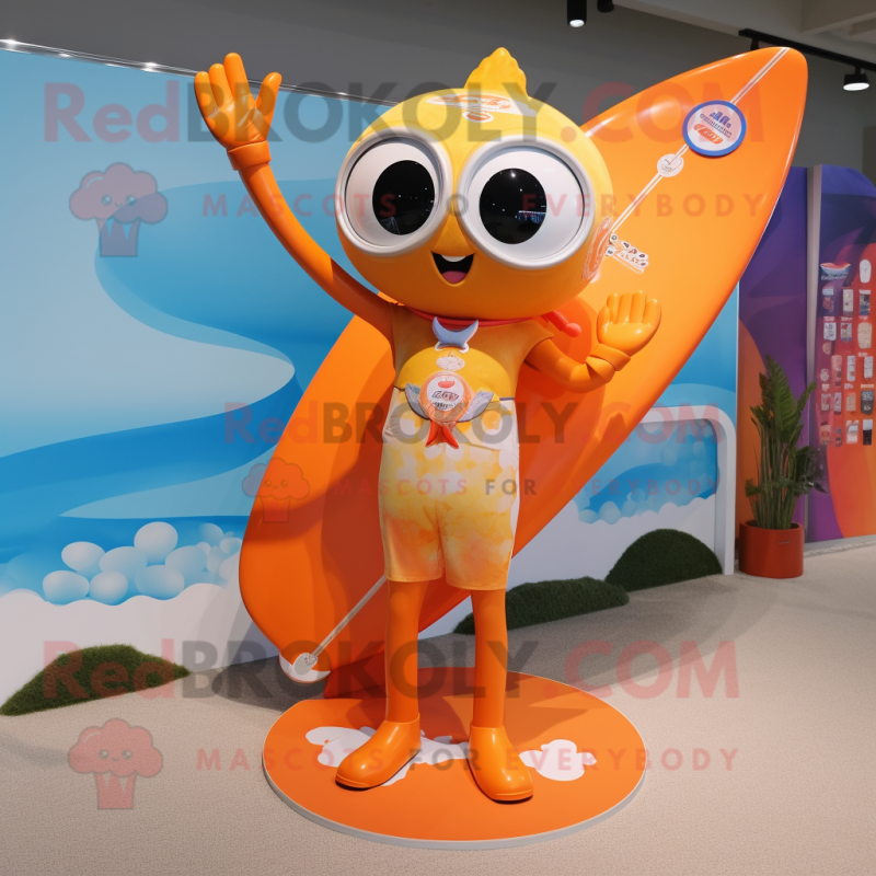 Orange Surfboard mascot costume character dressed with a One-Piece Swimsuit and Keychains