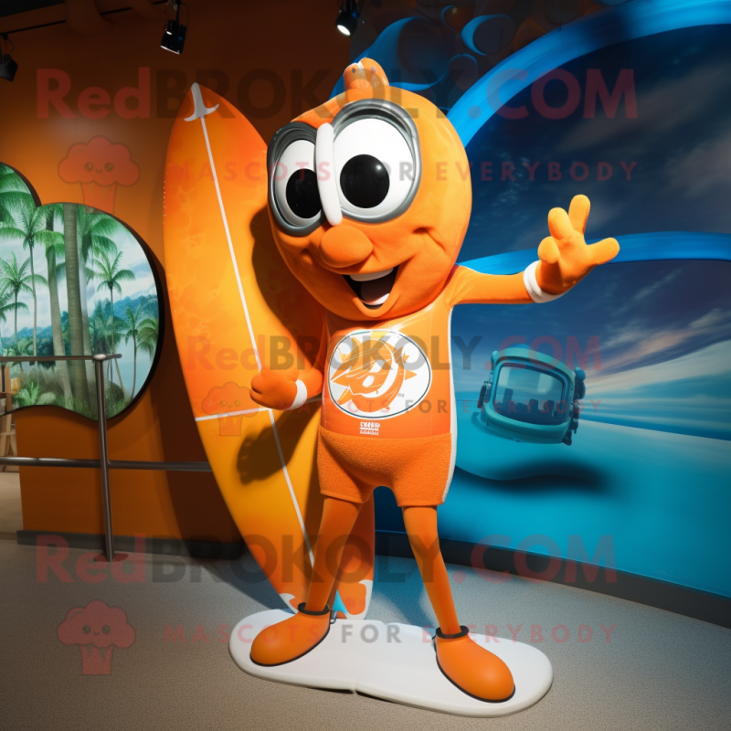 Orange Surfboard mascot costume character dressed with a One-Piece Swimsuit and Keychains