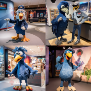 Navy Dodo Bird mascot costume character dressed with a Boyfriend Jeans and Earrings