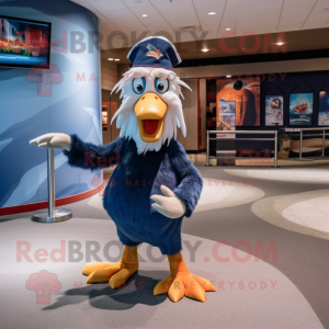 Navy Dodo Bird mascot costume character dressed with a Boyfriend Jeans and Earrings