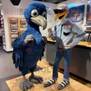 Navy Dodo Bird mascot costume character dressed with a Boyfriend Jeans and Earrings