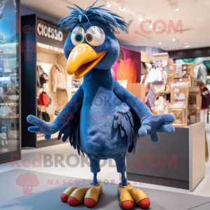 Navy Dodo Bird mascot costume character dressed with a Boyfriend Jeans and Earrings