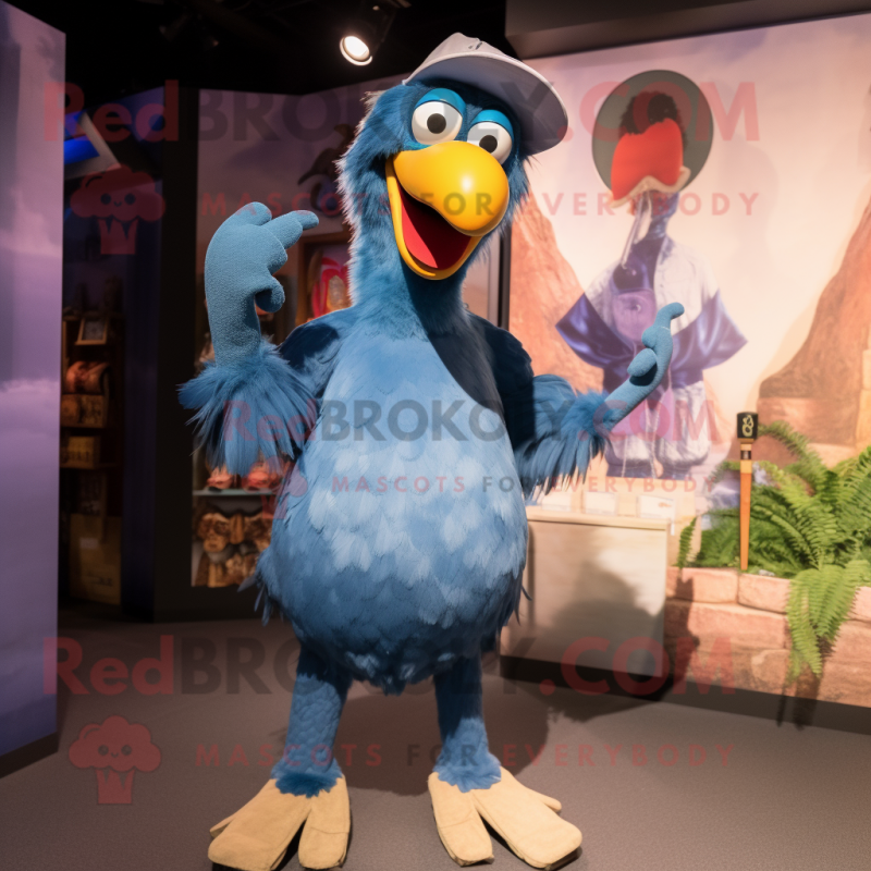 Navy Dodo Bird mascot costume character dressed with a Boyfriend Jeans and Earrings