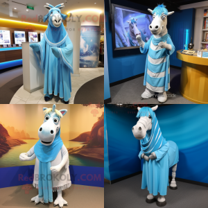 Sky Blue Quagga mascot costume character dressed with a Shift Dress and Shawl pins