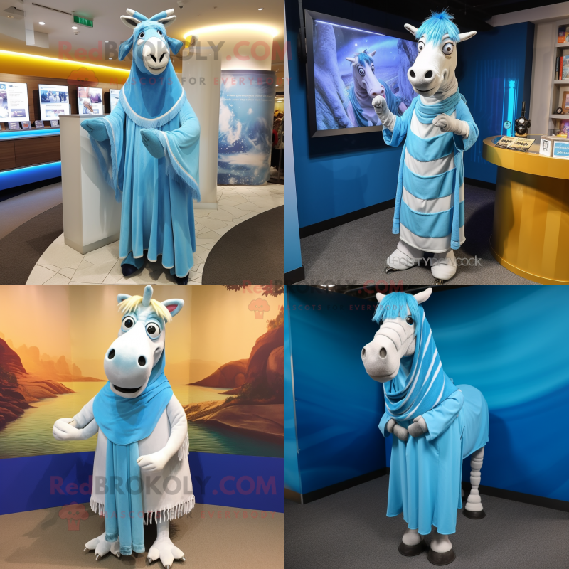 Sky Blue Quagga mascot costume character dressed with a Shift Dress and Shawl pins Sky Blue Quagga mascot costume character dressed with a Shift Dress and Shawl pins